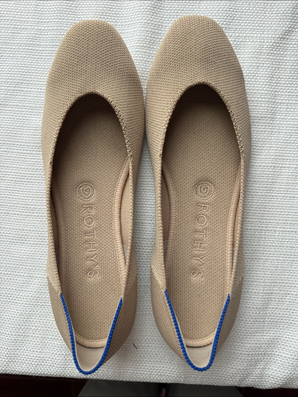 Rothy's Beige Knit Pointed Ballet Flats with Blue Trim - Picture 1 of 6